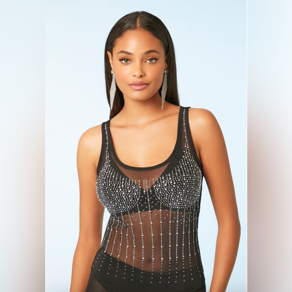 F21 Mesh Rhinestone Tank Bodysuit Size Small NWT